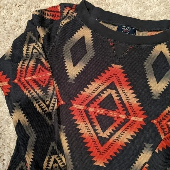 Chaps Denim Cotton Thermal Long Sleeve Top Petite Large  Southwest Waffle Weave - Picture 2 of 6